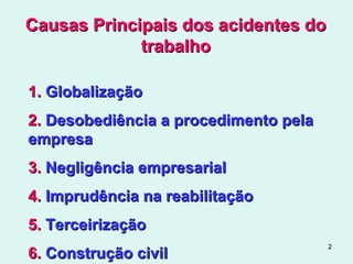 2
Causas Principais dos acidentes doCausas Principais dos acidentes do
trabalhotrabalho
1.1. GlobalizaçãoGlobalização
2.2. Desobediência a procedimento pelaDesobediência a procedimento pela
empresaempresa
3.3. Negligência empresarialNegligência empresarial
4.4. Imprudência na reabilitaçãoImprudência na reabilitação
5.5. TerceirizaçãoTerceirização
6.6. Construção civilConstrução civil
 