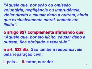 23
“Aquele que, por ação ou omissão
voluntária, negligência ou imprudência,
violar direito e causar dano a outrem, ainda
que exclusivamente moral, comete ato
ilícito”.
o artigo 927 complementa afirmando que:o artigo 927 complementa afirmando que:
““Aquele que, por ato ilícito, causar dano a
outrem, fica obrigado a repará-lo”.
o art. 932 diz:o art. 932 diz: São também responsáveis
pela reparação civil:
I. pais ... II. tutor, curador ...
 