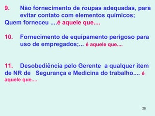 28
9. Não fornecimento de roupas adequadas, para
evitar contato com elementos químicos;
Quem forneceu ....é aquele que....
10. Fornecimento de equipamento perigoso para
uso de empregados;... é aquele que....
11. Desobediência pelo Gerente a qualquer item
de NR de Segurança e Medicina do trabalho.... é
aquele que....
 