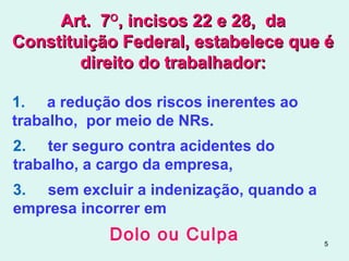 5
1. a redução dos riscos inerentes ao
trabalho, por meio de NRs.
Art. 7Art. 7OO
, incisos 22 e 28, da, incisos 22 e 28, da
Constituição Federal, estabelece que éConstituição Federal, estabelece que é
direito do trabalhador:direito do trabalhador:
2. ter seguro contra acidentes do
trabalho, a cargo da empresa,
3. sem excluir a indenização, quando a
empresa incorrer em
Dolo ou Culpa
 