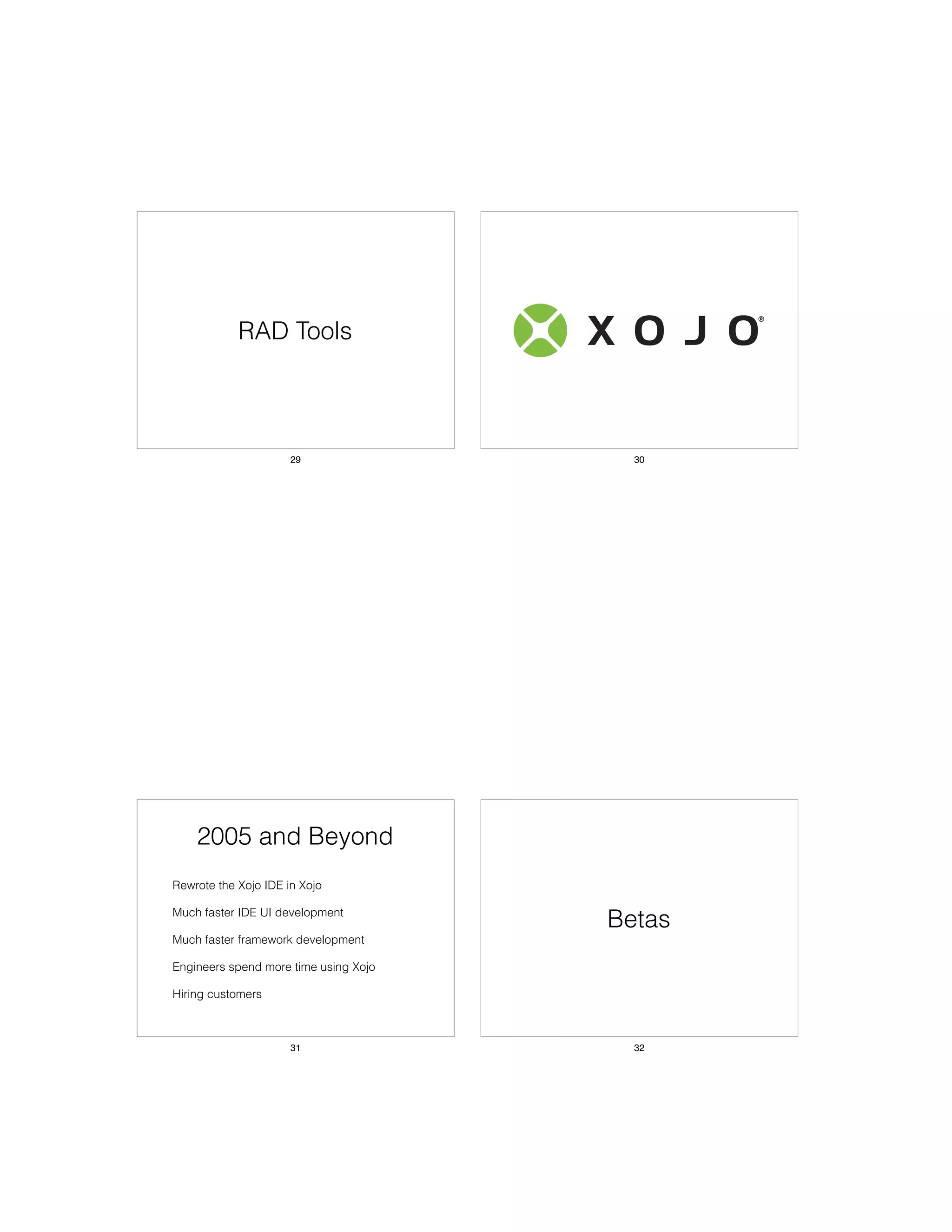 RAD Tools
29 30
2005 and Beyond
• Rewrote the Xojo IDE in Xojo
• Much faster IDE UI development
• Much faster framework development
• Engineers spend more time using Xojo
• Hiring customers
31
Betas
32
 