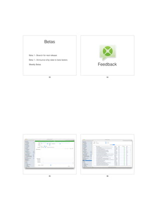 Betas
• Beta 1 - Branch for next release
• Beta 1 - Announce ship date to beta testers
• Weekly Betas
33
Feedback
34
35 36
 