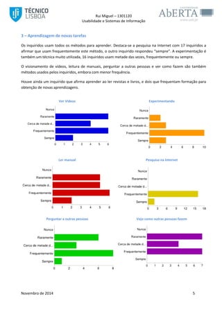 Rui Miguel – 1301120 
Usabilidade e Sistemas de Informação 
Novembro de 2014 5 
3 – Aprendizagem de novas tarefas 
Os inquiridos usam todos os métodos para aprender. Destaca-se a pesquisa na Internet com 17 inquiridos a afirmar que usam frequentemente este método, o outro inquirido respondeu “sempre”. A experimentação é também um técnica muito utilizada, 16 inquiridos usam metade das vezes, frequentemente ou sempre. 
O visionamento de vídeos, leitura de manuais, perguntar a outras pessoas e ver como fazem são também métodos usados pelos inquiridos, embora com menor frequência. 
Houve ainda um inquirido que afirma aprender ao ler revistas e livros, e dois que frequentam formação para obtenção de novas aprendizagens. 
Ver Vídeos 
Experimentando 
Ler manual 
Pesquisa na Internet 
Perguntar a outras pessoas 
Vejo como outras pessoas fazem 
 