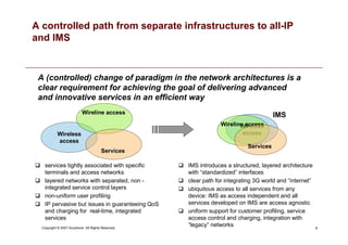8
Copyright © 2007 Accenture All Rights Reserved.
A (controlled) change of paradigm in the network architectures is a
clear requirement for achieving the goal of delivering advanced
and innovative services in an efficient way
Wireless
access
Wireline access
Services
 services tightly associated with specific
terminals and access networks
 layered networks with separated, non -
integrated service control layers
 non-uniform user profiling
 IP pervasive but issues in guaranteeing QoS
and charging for real-time, integrated
services
 IMS introduces a structured, layered architecture
with “standardized” interfaces
 clear path for integrating 3G world and “internet”
 ubiquitous access to all services from any
device: IMS as access independent and all
services developed on IMS are access agnostic
 uniform support for customer profiling, service
access control and charging, integration with
“legacy” networks
IMS
A controlled path from separate infrastructures to all-IP
and IMS
Wireless
access
Wireline access
Services
 