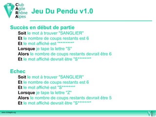 Jeu Du Pendu v1.0 Succès en début de partie Soit   le mot à trouver "SANGLIER" Et   le nombre de coups restants est 6 Et   le mot affiché est "********" Lorsque   je tape la lettre "S" Alors   le nombre de coups restants devrait être 6 Et   le mot affiché devrait être "S*******" Echec Soit   le mot à trouver "SANGLIER" Et   le nombre de coups restants est 6 Et   le mot affiché est "S*******" Lorsque   je tape la lettre "Z" Alors   le nombre de coups restants devrait être 5 Et   le mot affiché devrait être "S*******" 