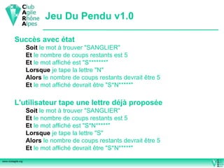 Jeu Du Pendu v1.0 L'utilisateur tape une lettre déjà proposée Soit   le mot à trouver "SANGLIER" Et   le nombre de coups restants est 5 Et   le mot affiché est "S*N*****" Lorsque   je tape la lettre "S" Alors   le nombre de coups restants devrait être 5 Et   le mot affiché devrait être "S*N*****" Succès avec état Soit   le mot à trouver "SANGLIER" Et   le nombre de coups restants est 5 Et   le mot affiché est "S*******" Lorsque   je tape la lettre "N" Alors   le nombre de coups restants devrait être 5 Et   le mot affiché devrait être "S*N*****" 