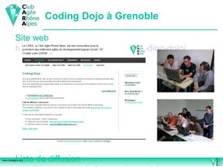 Coding Dojo à Grenoble Site web  http://clubagile.org/evenements/coding-dojo/ Liste de diffusion  http://groups.google.fr/group/cara-dojo 