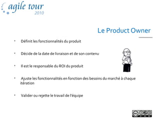 Le Product Owner

Définit les fonctionnalités du produit

Décide de la date de livraison et de son contenu

Il est le responsable du ROI du produit

Ajuste les fonctionnalités en fonction des besoins du marché à chaque
itération

Valider ou rejette le travail de l'équipe
 