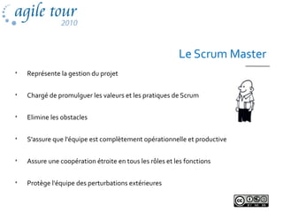 Le Scrum Master

Représente la gestion du projet

Chargé de promulguer les valeurs et les pratiques de Scrum

Elimine les obstacles

S'assure que l'équipe est complètement opérationnelle et productive

Assure une coopération étroite en tous les rôles et les fonctions

Protège l'équipe des perturbations extérieures
 