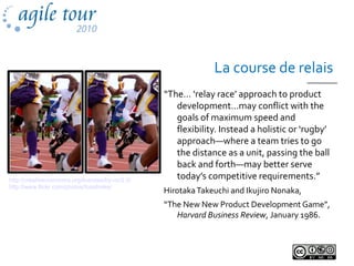 La course de relais
“The… ‘relay race’ approach to product
development…may conflict with the
goals of maximum speed and
flexibility. Instead a holistic or ‘rugby’
approach—where a team tries to go
the distance as a unit, passing the ball
back and forth—may better serve
today’s competitive requirements.”
HirotakaTakeuchi and Ikujiro Nonaka,
“The New New Product Development Game”,
Harvard Business Review, January 1986.
http://creativecommons.org/licenses/by-nc/2.0/
http://www.flickr.com/photos/fossilmike/
 