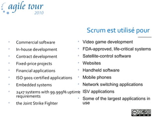 Scrum est utilisé pour

Commercial software

In-house development

Contract development

Fixed-price projects

Financial applications

ISO 9001-certified applications

Embedded systems

24x7 systems with 99.999% uptime
requirements

the Joint Strike Fighter

Video game development

FDA-approved, life-critical systems

Satellite-control software

Websites

Handheld software

Mobile phones

Network switching applications

ISV applications

Some of the largest applications in
use
 