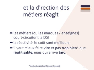 et la direction des
métiers réagit
➡ les métiers (ou les marques / enseignes)
court-circuitent la DSI
➡ la réactivité, le coût sont meilleurs
➡ il vaut mieux faire vite et pas trop bien* que
réutilisable, mais qui arrive tard.
29
*excellent exposé de Florence Devouard
 
