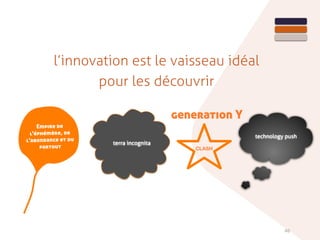 46
l’innovation est le vaisseau idéal
pour les découvrir
terra incognita
Empire de
l'éphémère, de
l'abondance et du
partout CLASH
generation Y
technology push
 