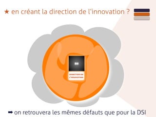 51
DSI
direction de
l'innovation
★ en créant la direction de l’innovation ?
➡ on retrouvera les mêmes défauts que pour la DSI
 
