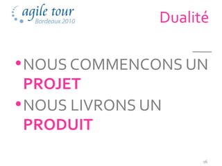Dualité

• NOUS COMMENCONS UN
  PROJET
• NOUS LIVRONS UN
  PRODUIT

                      16
 