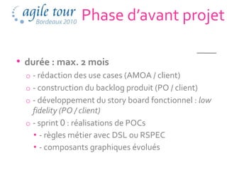 Phase d’avant projet

• durée : max. 2 mois
  o - rédaction des use cases (AMOA / client)
  o - construction du backlog produit (PO / client)
  o - développement du story board fonctionnel : low
    fidelity (PO / client)
  o - sprint 0 : réalisations de POCs
    • - règles métier avec DSL ou RSPEC
    • - composants graphiques évolués
 