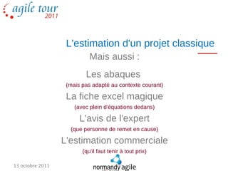 L'estimation d'un projet classique
                            Mais aussi :
                          Les abaques
                   (mais pas adapté au contexte courant)

                   La fiche excel magique
                      (avec plein d'équations dedans)

                        L'avis de l'expert
                    (que personne de remet en cause)

                  L'estimation commerciale
                         (qu'il faut tenir à tout prix)

13 octobre 2011
 