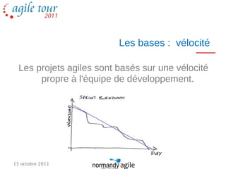 Les bases : vélocité

  Les projets agiles sont basés sur une vélocité
       propre à l'équipe de développement.




13 octobre 2011
 