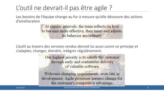 L’outil ne devrait-il pas être agile ?
Les besoins de l’équipe change au fur à mesure qu’elle découvre des actions
d’amélioration
L’outil au travers des services rendus devrait lui aussi suivre ce principe et
s’adapter, changer, étendre, intégrer régulièrement.
1401/12/2015 #AGILETOURSOPHIA (PAR @AGILETOURSOPHIA)
 