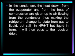 • In the condenser, the heat drawn from
the evaporator and from the heat of
compression are given up to air flowing
from the condenser thus making the
refrigerant change its state from gas to
liquid, but still in HP/HT but liquid in
form. It will then pass to the receiver
drier.
 