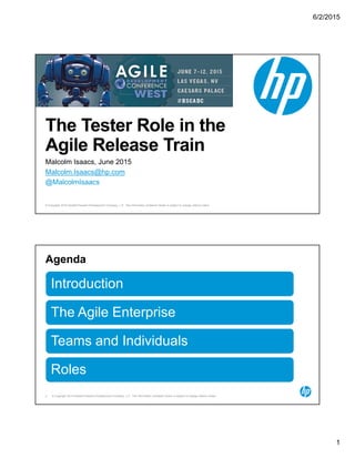 6/2/2015
1
© Copyright 2015 Hewlett-Packard Development Company, L.P. The information contained herein is subject to change without notice.
The Tester Role in the
Agile Release Train
Malcolm Isaacs, June 2015
Malcolm.Isaacs@hp.com
@MalcolmIsaacs
© Copyright 2015 Hewlett-Packard Development Company, L.P. The information contained herein is subject to change without notice.2
Agenda
Introduction
The Agile Enterprise
Teams and Individuals
Roles
 