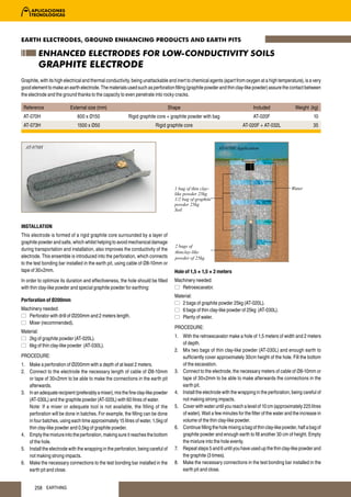 EARTH ELECTRODES, GROUND ENHANCING PRODUCTS AND EARTH PITS

         ENHANCED ELECTRODES FOR LOW-CONDUCTIVITY SOILS
         GRAPHITE ELECTRODE
Graphite, with its high electrical and thermal conductivity, being unattackable and inert to chemical agents (apart from oxygen at a high temperature), is a very
good element to make an earth electrode. The materials used such as perforation filling (graphite powder and thin clay-like powder) assure the contact between
the electrode and the ground thanks to the capacity to even penetrate into rocky cracks.

 Reference                External size (mm)                                      Shape                                        Included               Weight (kg)
 AT-070H                      600 x Ø150                 Rigid graphite core + graphite powder with bag                        AT-020F                          10
 AT-073H                      1500 x Ø50                                Rigid graphite core                              AT-020F + AT-032L                      35



  AT-070H                                                                                                   AT-070H Application




                                                                                    1 bag of thin clay-                                             Water
                                                                                    like powder 25kg
                                                                                    1/2 bag of graphite
                                                                                    powder 25kg
                                                                                    Soil


INSTALLATION
This electrode is formed of a rigid graphite core surrounded by a layer of
graphite powder and salts, which whilst helping to avoid mechanical damage
                                                                                    2 bags of
during transportation and installation, also improves the conductivity of the
                                                                                    thinclay-like
electrode. This ensemble is introduced into the perforation, which connects         powder of 25kg
to the test bonding bar installed in the earth pit, using cable of Ø8-10mm or
tape of 30×2mm.                                                                     Hole of 1,5 × 1,5 × 2 meters
In order to optimize its duration and effectiveness, the hole should be filled      Machinery needed:
with thin clay-like powder and special graphite powder for earthing:                   Retroexcavator.
                                                                                    Material:
Perforation of Ø200mm
                                                                                       2 bags of graphite powder 25kg (AT-020L).
Machinery needed:                                                                      6 bags of thin clay-like powder of 25kg (AT-030L).
   Perforator with drill of Ø200mm and 2 meters length.                                Plenty of water.
   Mixer (recommended).
                                                                                    PROCEDURE:
Material:
   2kg of graphite powder (AT-020L).                                                1. With the retroexcavator make a hole of 1,5 meters of width and 2 meters
   6kg of thin clay-like powder (AT-030L).                                             of depth.
                                                                                    2. Mix two bags of thin clay-like powder (AT-030L) and enough earth to
PROCEDURE:                                                                             sufficiently cover approximately 30cm height of the hole. Fill the bottom
1. Make a perforation of Ø200mm with a depth of at least 2 meters.                     of the excavation.
2. Connect to the electrode the necessary length of cable of Ø8-10mm                3. Connect to the electrode, the necessary meters of cable of Ø8-10mm or
   or tape of 30×2mm to be able to make the connections in the earth pit               tape of 30×2mm to be able to make afterwards the connections in the
   afterwards.                                                                         earth pit.
3. In an adequate recipient (preferably a mixer), mix the fine clay-like powder     4. Install the electrode with the wrapping in the perforation, being careful of
   (AT-030L) and the graphite powder (AT-020L) with 60 litres of water.                not making strong impacts.
   Note: If a mixer or adequate tool is not available, the filling of the           5. Cover with water until you reach a level of 10 cm (approximately 225 litres
   perforation will be done in batches. For example, the filling can be done           of water). Wait a few minutes for the filter of the water and the increase in
   in four batches, using each time approximately 15 litres of water, 1,5kg of         volume of the thin clay-like powder.
   thin clay-like powder and 0,5kg of graphite powder.                              6. Continue filling the hole mixing a bag of thin clay-like powder, half a bag of
4. Empty the mixture into the perforation, making sure it reaches the bottom           graphite powder and enough earth to fill another 30 cm of height. Empty
   of the hole.                                                                        the mixture into the hole evenly.
5. Install the electrode with the wrapping in the perforation, being careful of     7. Repeat steps 5 and 6 until you have used up the thin clay-like powder and
   not making strong impacts.                                                          the graphite (3 times).
6. Make the necessary connections to the test bonding bar installed in the          8. Make the necessary connections in the test bonding bar installed in the
   earth pit and close.                                                                earth pit and close.


       258 EARTHING
 