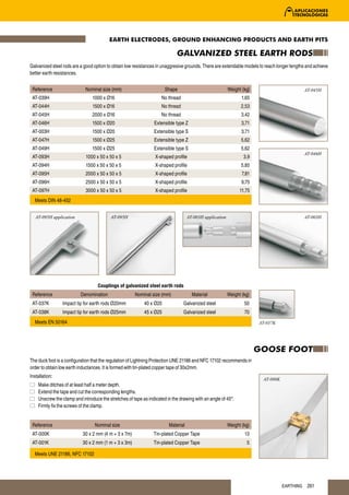 EARTH ELECTRODES, GROUND ENHANCING PRODUCTS AND EARTH PITS

                                                                            GALVANIZED STEEL EARTH RODS
Galvanized steel rods are a good option to obtain low resistances in unaggresive grounds. There are extendable models to reach longer lengths and achieve
better earth resistances.


 Reference                  Nominal size (mm)                         Shape                              Weight (kg)                         AT-045H
 AT-039H                        1000 x Ø16                          No thread                                   1,65
 AT-044H                        1500 x Ø16                          No thread                                  2,53
 AT-045H                        2000 x Ø16                          No thread                                  3,42
 AT-046H                        1500 x Ø20                       Extensible type Z                              3,71
 AT-003H                        1500 x Ø20                       Extensible type S                              3,71
 AT-047H                        1500 x Ø25                       Extensible type Z                             5,62
 AT-049H                        1500 x Ø25                       Extensible type S                             5,62
                                                                                                                                             AT-046H
 AT-093H                     1000 x 50 x 50 x 5                  X-shaped profile                                3,9
 AT-094H                     1500 x 50 x 50 x 5                  X-shaped profile                              5,85
 AT-095H                     2000 x 50 x 50 x 5                  X-shaped profile                               7,81
 AT-096H                     2500 x 50 x 50 x 5                  X-shaped profile                               9,75
 AT-097H                    3000 x 50 x 50 x 5                   X-shaped profile                              11,75
  Meets DIN 48-452


   AT-095H application                    AT-095H                                  AT-003H application                                       AT-003H




                                   Couplings of galvanized steel earth rods
 Reference                Denomination                Nominal size (mm)              Material            Weight (kg)
 AT-037K        Impact tip for earth rods Ø20mm            40 x Ø20             Galvanized steel                 50
 AT-038K        Impact tip for earth rods Ø25mm            45 x Ø25             Galvanized steel                 70
  Meets EN 50164                                                                                                       AT-037K




                                                                                                                       GOOSE FOOT
The duck foot is a configuration that the regulation of Lightning Protection UNE 21186 and NFC 17102 recommends in
order to obtain low earth inductances. It is formed with tin-plated copper tape of 30x2mm.
Installation:
                                                                                                                        AT-000K
    Make ditches of at least half a meter depth.
    Extend the tape and cut the corresponding lengths.
    Unscrew the clamp and introduce the stretches of tape as indicated in the drawing with an angle of 45º.
    Firmly fix the screws of the clamp.


 Reference                       Nominal size                           Material                         Weight (kg)
 AT-000K                   30 x 2 mm (4 m + 3 x 7m)             Tin-plated Copper Tape                           13
 AT-001K                   30 x 2 mm (1 m + 3 x 3m)             Tin-plated Copper Tape                            5

  Meets UNE 21186, NFC 17102




                                                                                                                                  EARTHING    261
 