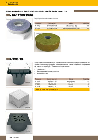 EARTH ELECTRODES, GROUND ENHANCING PRODUCTS AND EARTH PITS

     JOINT PROTECTION
AT-000J                       Strips to protect buried joints from corrosion.


                                  Reference              Nominal size                        Material                 Weight (kg)
                                  AT-000J              20 mm x 10 m roll               Self-vulcanising strip                 180
                                  AT-010J              50 mm x 10 m roll          Denso tape (Bituminous strip)               610


                                   AT-010J




     EARTH PITS
                              Aplicaciones Tecnológicas earth pits cover all industrial and commercial applications as they are
                              available in 3 materials: polypropylene, concrete and cast iron. AT-010H can withstand loads of 5.000
                              kg. The principle advantages of these earth pits are the following:
                              -     Easily storage.
                              -     Good resistance to chemical substances.
                              -     Resistant to UV rays.


                                  Reference           Nominal size (mm)                     Material                  Weight (kg)

                    AT-010H       AT-010H               250 x 250 x 250                  Polypropylene                        1,5
                                  AT-010K               410 x 410 x 300                     Concrete                           60
                                  AT-012K               245 x 245 x 115                     Iron cast                          31
                                   Meets EN 50164, UNE 21186, NFC 17102




                    AT-010K




                    AT-012K



     264 EARTHING
 