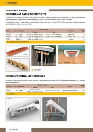 EQUIPOTENTIAL BONDING

        BONDING BARS FOR EARTH PITS
AT-020H and AT-021J allow to disconnect the down-conductor of a lightning protection system from the earth electrode, to be able to measure the earth
resistance adequately. They are ready to be fixed to the earth pit AT-010H. You can fix up to 4 copper cables or rounds and 3 tapes.
AT-051F allows joints up to 7 copper cables or round conductors. This bar can be fixed to the earth pit AT-011K. The fixation holes at the end of the bar are
separated by 264mm and have a diameter of 16mm.



                                                                  Conductor range                                                                    Weight
 Reference      Nominal size (mm)                                                                                            Material
                                                      Round                                 Tape                                                       (kg)

 AT-020H           235 x 40 x 25          4 x (Ø 8 - 10 mm) (50 - 70 mm2)      3 x (30 x 2 mm - 30 x 3,5 mm)               Naval brass                  0,5
 AT-021J           235 x 40 x 25          4 x (Ø 8 - 10 mm) (50 - 70 mm )
                                                                        2
                                                                               3 x (30 x 2 mm - 30 x 3,5 mm)              Stainless steel               0,5
 AT-051F            325 x 70 x 6          7 x (Ø 8 - 10 mm) (50 - 70 mm )
                                                                        2
                                                                                              -                               Copper                    1,5
  Meets EN 50164, UNE 21186, NFC 17102




                                   AT-051F




                                                                                                          AT-051F application
                                                                             AT-020H application


                                                       AT-020H (NB)
                                                       AT-021J (SS)



        EQUIPOTENTIAL BONDING BAR
Equipotential bar which allows the jointing of various conductors (cable, tape, round). The fixation holes at the end of the bar are separated 164 x 35mm and
have a diameter of 8,5mm.
                                                               Conductor range                                                                       Weight
 Reference      Nominal size (mm)                                                                                          Material
                                                      Round                              Tape                                                          (kg)

                                                7 x (2,5 - 25 mm2) /
 AT-050F           190 x 52 x 42                                               30 x 2 mm - 30 x 3,5 mm         Tin-plated copper (contact bar)         200
                                          1 x (Ø 6 - 11 mm) (25 - 70 mm2)
  Meets BS 2874


  AT-050F




                                                                                                  AT-050F application




       266 EARTHING
 