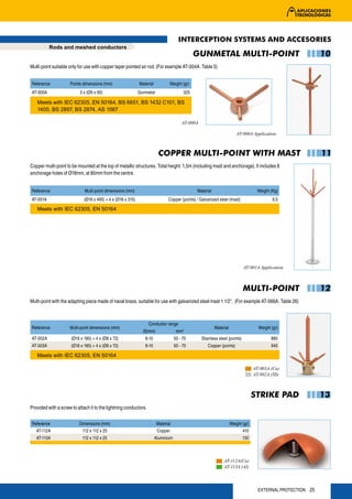 INTERCEPTION SYSTEMS AND ACCESORIES
          Rods and meshed conductors
                                                                                               GUNMETAL MULTI-POINT                                           10
Multi-point suitable only for use with copper taper pointed air rod. (For example AT-004A. Table 5)


Reference            Points dimensions (mm)                  Material           Weight (gr)
AT-000A                    3 x (Ø9 x 90)                     Gunmetal                    325

   Meets with IEC 62305, EN 50164, BS 6651, BS 1432 C101, BS
   1400, BS 2897, BS 2874, AS 1567

                                                                                        AT-000A

                                                                                                                        AT-000A Application



                                                                         COPPER MULTI-POINT WITH MAST                                                         11
Copper multi-point to be mounted at the top of metallic structures. Total height: 1,5m (including mast and anchorage). It includes 8
anchorage holes of Ø18mm, at 80mm from the centre.


Reference                    Multi-point dimensions (mm)                                       Material                             Weight (Kg)
AT-001A                      (Ø16 x 495) + 4 x (Ø16 x 315)                     Copper (points) / Galvanized steel (mast)                    9,5

   Meets with IEC 62305, EN 50164




                                                                                                                             AT-001A Application



                                                                                                                             MULTI-POINT                      12
Multi-point with the adapting piece made of naval brass, suitable for use with galvanized steel mast 1 1/2". (For example AT-066A. Table 26)



                                                                  Conductor range
Reference            Multi-point dimensions (mm)                                                          Material                   Weight (gr)
                                                               Ø(mm)                 mm2
AT-002A               (Ø16 x 185) + 4 x (Ø8 x 72)               8-10                50 - 70       Stainless steel (points)                  885
AT-003A               (Ø16 x 185) + 4 x (Ø8 x 72)               8-10                50 - 70          Copper (points)                        940

   Meets with IEC 62305, EN 50164

                                                                                                                                   AT-003A (Cu)
                                                                                                                                   AT-002A (SS)



                                                                                                                                   STRIKE PAD                 13
Provided with a screw to attach it to the lightning conductors.

Reference                 Dimensions (mm)                                Material                                    Weight (gr)
  AT-112A                  112 x 112 x 25                                Copper                                             410
   AT-113A                  112 x 112 x 25                              Aluminium                                            130



                                                                                                               AT-112A(Cu)
                                                                                                               AT-113A (Al)



                                                                                                                                     EXTERNAL PROTECTION 25
 