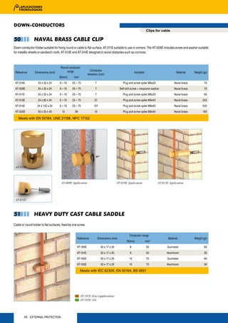 DOWN-CONDUCTORS
                                                                                                                   Clips for cable

50              NAVAL BRASS CABLE CLIP
Down-conductor holder suitable for fixing round or cable to flat surface. AT-011E suitable to use in corners. The AT-009E includes screw and washer suitable
for metallic sheets or sandwich roofs. AT-013E and AT-014E designed to avoid obstacles such as cornices.



                                      Round conductor
                                          range                 Conductor
 Reference       Dimensions (mm)                                                                        Included                         Material    Weight (gr)
                                                              elevation (mm)
                                     Ø(mm)       mm2
 AT-010E            24 x 32 x 24      6 – 10    25 – 70             7                        Plug and screw spike M6x25                Naval brass           70
 AT-009E            24 x 32 x 24      6 – 10    25 – 70             7                      Self-drill screw + neoprene washer          Naval brass           70
 AT-011E            24 x 32 x 24      6 – 10    25 – 70             7                        Plug and screw spike M6x25                Naval brass           65
 AT-013E            24 x 82 x 24      6 – 10    25 – 70            57                         Plug and screw spike M8x40               Naval brass          245
 AT-014E           24 x 132 x 24      6 – 10    25 – 70            107                        Plug and screw spike M8x40               Naval brass          435
 AT-025E           30 x 30 x 40        13         95               10                         Plug and screw spike M8x40               Naval brass          165

   Meets with EN 50164, UNE 21186, NFC 17102




 AT-010E




                                       AT-009E Application                               AT-010E Application               AT-013E Application




 AT-011E



51              HEAVY DUTY CAST CABLE SADDLE
Cable or round holder to flat surfaces, fixed by one screw.


                                                                                                   Conductor range
                                                    Reference           Dimensions (mm)                                           Material           Weight (gr)
                                                                                                 Ø(mm)             mm2
                                                    AT-190E               50 x 17 x 20             8               50             Gunmetal                   60
                                                    AT-191E               50 x 17 x 20             8               50            Aluminium                   30
                                                    AT-192E               50 x 17 x 20             10              70             Gunmetal                   60
                                                    AT-193E               50 x 17 x 20             10              70            Aluminium                   30

                                                       Meets with IEC 62305, EN 50164, BS 6651




                                                       AT-192E (Gu) (application)
                                                       AT-193E (Al)




        44 EXTERNAL PROTECTION
 