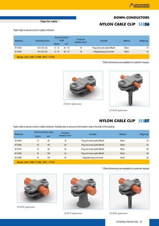 DOWN-CONDUCTORS
                                Clips for cable
                                                                                                            NYLON CABLE CLIP                                   56
Nylon clips to secure round or cable conductor.


                                                  Round conductor
                                                      range                     Conductor
 Reference                Dimensions (mm)                                                                    Included                   Material         Weight (gr)
                                                                             elevation (mm)*
                                                Ø(mm)            mm   2


 AT-043E                    50 x 23 x 25          6 - 10        25 - 70            18               Plug and screw spike M6x25           Nylon                   17
 AT-044E                    50 x 23 x 25          6 - 10        25 - 70            18                Integrated plug and screw           Nylon                   18

   Meets with UNE 21186, NFC 17102

                                                                                                               * Other dimensions are available on customer request.




                                                               AT-043E Application


                                                                                                                        AT-044E Application




                                                                                                            NYLON CABLE CLIP                                  57
Nylon clips to secure round or cable conductor. Suitable also to secure air termination rods to the side of the building.

                        Round conductor range                 Conductor
 Reference                                                                                      Included                           Material              Weight (gr)
                         Ø(mm)         mm2                 elevation (mm)*

 AT-045E                   13              95                    18                  Plug and screw spike M6x25                     Nylon                        24
 AT-046E                   16           150                      20                  Plug and screw spike M6x25                     Nylon                        24
 AT-047E                   13              95                    42                  Plug and screw spike M6x25                     Nylon                        29
 AT-048E                   16           150                      44                  Plug and screw spike M6x25                     Nylon                        29
 AT-049E                   16           150                      30                     Integrated plug and screw                   Nylon                        32

   Meets with UNE 21186, NFC 17102

                                                                                                               * Other dimensions are available on customer request.




   AT-045E Application

                                                                AT-047E Application                                     AT-049E Application



                                                                                                                                 EXTERNAL PROTECTION 47
 