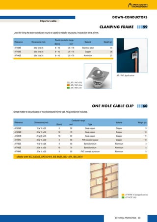 DOWN-CONDUCTORS
                               Clips for cable

                                                                                                       CLAMPING FRAME                                 59
Used for fixing the down-conductor (round or cable) to metallic structures. Include bolt M8 x 30 mm.


                                                Round conductor range
 Reference           Dimensions (mm)                                               Material             Weight (gr)
                                                Ø(mm)            mm2
 AT-138E               33 x 33 x 35             6 – 10          25 – 70         Stainless steel                 34
 AT-139E               33 x 33 x 35             6 – 10          25 – 70              Copper                     35
 AT-140E               33 x 33 x 35             6 – 10          25 – 70           Aluminium                     27




                                                                                                                        AT-138E Application


                                                                  AT-138E (SS)
                                                                  AT-139E (Cu)
                                                                  AT-140E (Al)




                                                                                              ONE HOLE CABLE CLIP                                     60
Simple holder to secure cable or round conductor to the wall. Plug and screw included.


                                                                   Conductor range
 Reference              Dimensions (mm)                                                                                 Material                Weight (gr)
                                                  Ø(mm)          mm2                     Type
 AT-056E                   15 x 10 x 25             8             50                 Bare copper                        Copper                           9
 AT-058E                  20 x 15 x 30              10            70                 Bare copper                        Copper                          10
 AT-057E                  25 x 20 x 35              13            95                 Bare copper                        Copper                          11
 AT-141E                  20 x 15 x 30              8             50            PVC covered copper                      Copper                          10
 AT-142E                   15 x 10 x 25             8             50              Bare aluminium                       Aluminium                         4
 AT-143E                  20 x 15 x 30              10            70              Bare aluminium                       Aluminium                         5
 AT-144E                  20 x 15 x 30              8             50          PVC covered aluminium                    Aluminium                         5

   Meets with IEC 62305, EN 50164, BS 6651, BS 1474, BS 2879




                                                                                                                                   AT-056E (Cu)(application)
                                                                                                                                   AT-142E (Al)




                                                                                                                       EXTERNAL PROTECTION 49
 