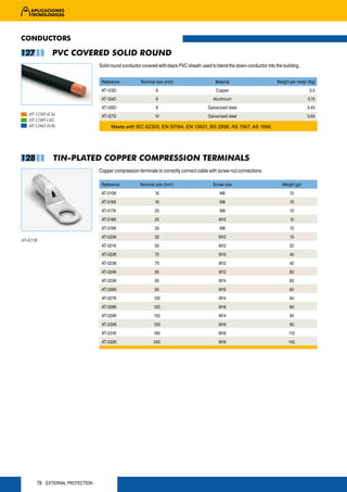 CONDUCTORS

127          PVC COVERED SOLID ROUND
                               Solid round conductor covered with black PVC sheath used to blend the down-conductor into the building.


                                Reference           Nominal size (mm)                     Material                        Weight per meter (Kg)
                                AT-123D                     8                             Copper                                            0,5
                                AT-124D                     8                            Aluminium                                         0,15
                                AT-126D                     8                         Galvanized steel                                     0,45
   AT-123D (Cu)                 AT-127D                    10                         Galvanized steel                                     0,65
   AT-124D (Al)
   AT-126D (GS)                      Meets with IEC 62305, EN 50164, EN 13601, BS 2898, AS 1567, AS 1866




128          TIN-PLATED COPPER COMPRESSION TERMINALS
                               Copper compression terminals to correctly connect cable with screw-nut connections.

                                Reference          Nominal size (mm2)                    Screw size                          Weight (gr)
                                AT-015K                    16                               M6                                   10
                                AT-016K                    16                               M8                                   10
                                AT-017K                    25                               M8                                   10
                                AT-018K                    25                               M10                                  10
                                AT-019K                    35                               M8                                   10
                                AT-020K                    35                               M10                                  10
AT-021K
                                AT-021K                    50                               M12                                  20
                                AT-022K                    70                               M10                                  40
                                AT-023K                    70                               M12                                  40
                                AT-024K                    95                               M12                                  60
                                AT-025K                    95                               M14                                  60
                                AT-026K                    95                               M16                                  60
                                AT-027K                    120                              M14                                  60
                                AT-028K                    120                              M16                                  60
                                AT-029K                    150                              M14                                  90
                                AT-030K                    150                              M16                                  90
                                AT-031K                   185                               M16                                 110
                                AT-032K                   240                               M16                                 140




      78 EXTERNAL PROTECTION
 
