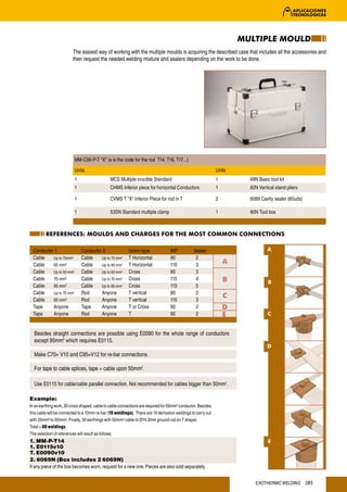 MULTIPLE MOULD
                         The easiest way of working with the multiple moulds is acquiring the described case that includes all the accessories and
                         then request the needed welding mixture and sealers depending on the work to be done.




                          MM-C95-P-T "X" (x is the code for the rod T14, T16, T17…)
                          Units                                                                              Units
                          1                    MCS Multiple crucible Standard                                1         68N Basic tool kit
                          1                    CHMS Inferior piece for horizontal Conductors                 1         82N Vertical stand pliers

                          1                    CVMS T "X" Inferior Piece for rod in T                        2         6089 Cavity sealer (60uds)

                          1                    53SN Standard multiple clamp                                  1         80N Tool box



         REFERENCES: MOULDS AND CHARGES FOR THE MOST COMMON CONNECTIONS

 Conductor 1                  Conductor 2                Union type               WP           Sealer                           A
 Cable    Up to 70mm2         Cable    Up to 70 mm2      T Horizontal             90            2
 Cable    95 mm2              Cable    Up to 95 mm2      T Horizontal             115           3
                                                                                                                 A
 Cable    Up to 50 mm2        Cable    Up to 50 mm2      Cross                    90            3
 Cable    70 mm2              Cable    Up to 70 mm2      Cross                    115           4                B              B
 Cable    95 mm2              Cable    Up to 95 mm2      Cross                    115           5
 Cable    Up to 70 mm2        Rod      Anyone            T vertical               90            2
                                                                                                                 C
 Cable    95 mm2              Rod      Anyone            T vertical               115           3
 Tape     Anyone              Tape     Anyone            T or Cross               90            2                D
 Tape     Anyone              Rod      Anyone            T                        90            2                E              C


  Besides straight connections are possible using E0090 for the whole range of conductors
  except 95mm2 which requires E0115.
                                                                                                                                D
  Make C70= V10 and C95=V12 for re-bar connections.

  For tape to cable splices, tape = cable upon 50mm2.

  Use E0115 for cable/cable parallel connection. Not recommended for cables bigger than 50mm2.

Example:
In an earthing work, 30 cross shaped, cable to cable connections are required for 50mm² conductor. Besides
this cable will be connected to a 10mm re-bar (10 weldings). There are 10 derivation weldings to carry out
with 35mm² to 50mm². Finally, 30 earthings with 50mm² cable to Ø14.3mm ground rod on T shapel.
Total = 80 weldings.
The selection of references will result as follows:
1. MM-P-T14                                                                                                                     E
1. E0115v10
7. E0090v10
2. 6069N (Box includes 2 6069N)
If any piece of the box becomes worn, request for a new one. Pieces are also sold separately.


                                                                                                                         EXOTHERMIC WELDING         283
 
