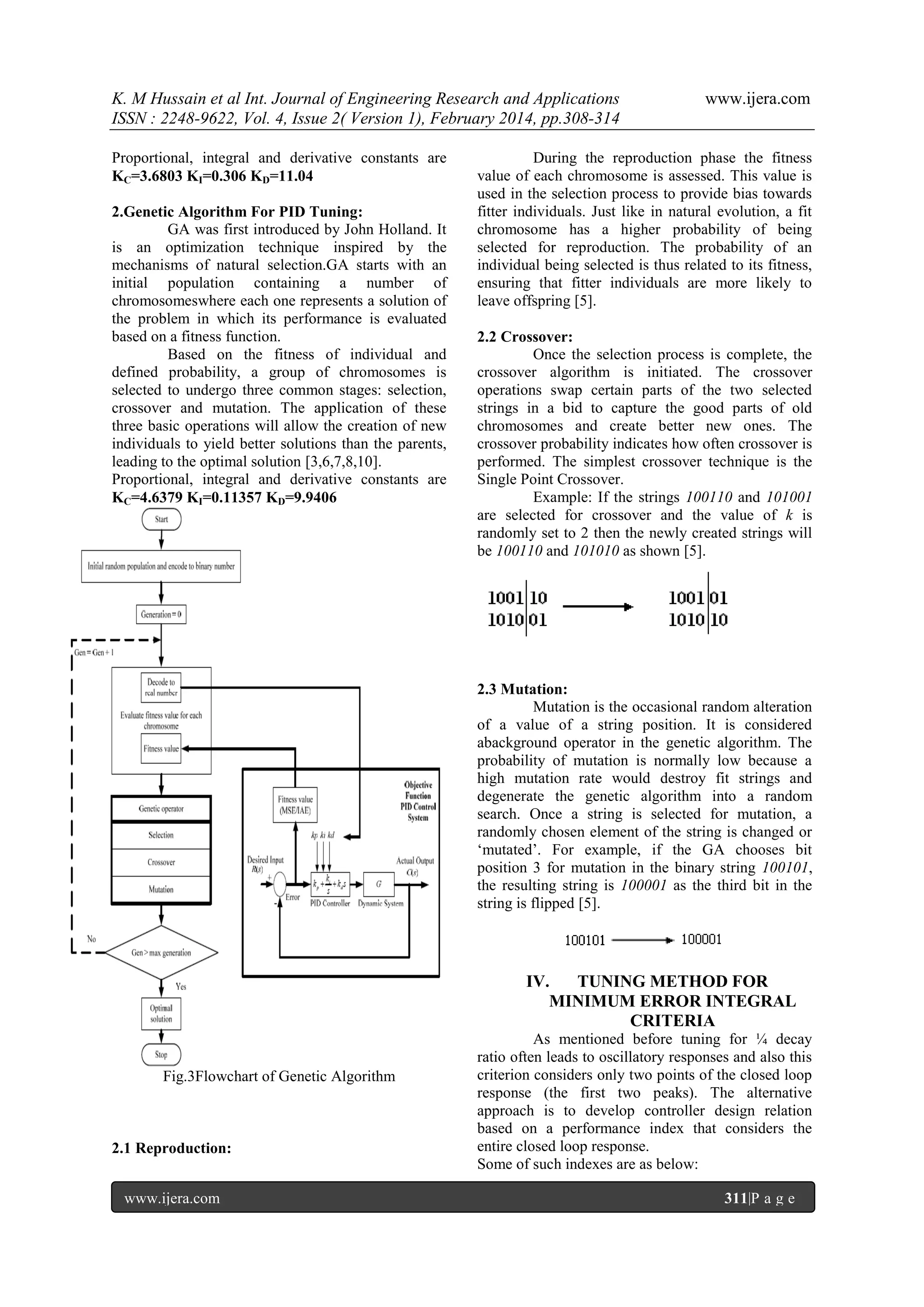 K. M Hussain et al Int. Journal of Engineering Research and Applications
ISSN : 2248-9622, Vol. 4, Issue 2( Version 1), February 2014, pp.308-314
Proportional, integral and derivative constants are
KC=3.6803 KI=0.306 KD=11.04
2.Genetic Algorithm For PID Tuning:
GA was first introduced by John Holland. It
is an optimization technique inspired by the
mechanisms of natural selection.GA starts with an
initial population containing a number of
chromosomeswhere each one represents a solution of
the problem in which its performance is evaluated
based on a fitness function.
Based on the fitness of individual and
defined probability, a group of chromosomes is
selected to undergo three common stages: selection,
crossover and mutation. The application of these
three basic operations will allow the creation of new
individuals to yield better solutions than the parents,
leading to the optimal solution [3,6,7,8,10].
Proportional, integral and derivative constants are
KC=4.6379 KI=0.11357 KD=9.9406

www.ijera.com

During the reproduction phase the fitness
value of each chromosome is assessed. This value is
used in the selection process to provide bias towards
fitter individuals. Just like in natural evolution, a fit
chromosome has a higher probability of being
selected for reproduction. The probability of an
individual being selected is thus related to its fitness,
ensuring that fitter individuals are more likely to
leave offspring [5].
2.2 Crossover:
Once the selection process is complete, the
crossover algorithm is initiated. The crossover
operations swap certain parts of the two selected
strings in a bid to capture the good parts of old
chromosomes and create better new ones. The
crossover probability indicates how often crossover is
performed. The simplest crossover technique is the
Single Point Crossover.
Example: If the strings 100110 and 101001
are selected for crossover and the value of k is
randomly set to 2 then the newly created strings will
be 100110 and 101010 as shown [5].

2.3 Mutation:
Mutation is the occasional random alteration
of a value of a string position. It is considered
abackground operator in the genetic algorithm. The
probability of mutation is normally low because a
high mutation rate would destroy fit strings and
degenerate the genetic algorithm into a random
search. Once a string is selected for mutation, a
randomly chosen element of the string is changed or
„mutated‟. For example, if the GA chooses bit
position 3 for mutation in the binary string 100101,
the resulting string is 100001 as the third bit in the
string is flipped [5].

IV.
TUNING METHOD FOR
MINIMUM ERROR INTEGRAL
CRITERIA
Fig.3Flowchart of Genetic Algorithm

2.1 Reproduction:
www.ijera.com

As mentioned before tuning for ¼ decay
ratio often leads to oscillatory responses and also this
criterion considers only two points of the closed loop
response (the first two peaks). The alternative
approach is to develop controller design relation
based on a performance index that considers the
entire closed loop response.
Some of such indexes are as below:
311|P a g e

 