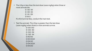 • The LD50 is less than the test dose (2000 mg/kg) when three or
more animals die.
O XO XX
O OX XX
O XX OX
O XX X
If a third animal dies, conduct the main test.
• Test five animals.The LD50 is greater than the test dose
(2000 mg/kg) when three or more animals survive.
O OO OO
O OO XO
O OO OX
O OO XX
O XOXO
OXOOO/X
O OXXO
OOXOO/X
O XXOO
 