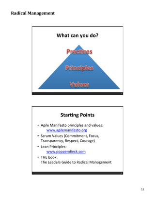 Radical	
  Management	
  

What	
  can	
  you	
  do?	
  

21

StarTng	
  Points	
  
•  Agile	
  Manifesto	
  principles	
 ...