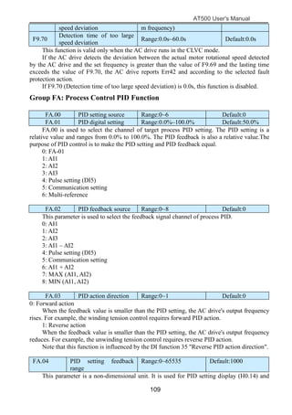 AT500 User's Manual
109
speed deviation m frequency)
F9.70
Detection time of too large
speed deviation
Range:0.0s~60.0s Default:0.0s
This function is valid only when the AC drive runs in the CLVC mode.
If the AC drive detects the deviation between the actual motor rotational speed detected
by the AC drive and the set frequency is greater than the value of F9.69 and the lasting time
exceeds the value of F9.70, the AC drive reports Err42 and according to the selected fault
protection action.
If F9.70 (Detection time of too large speed deviation) is 0.0s, this function is disabled.
Group FA: Process Control PID Function
FA.00 is used to select the channel of target process PID setting. The PID setting is a
relative value and ranges from 0.0% to 100.0%. The PID feedback is also a relative value.The
purpose of PID control is to make the PID setting and PID feedback equal.
0: FA-01
1: AI1
2: AI2
3: AI3
4: Pulse setting (DI5)
5: Communication setting
6: Multi-reference
This parameter is used to select the feedback signal channel of process PID.
0: AI1
1: AI2
2: AI3
3: AI1 – AI2
4: Pulse setting (DI5)
5: Communication setting
6: AI1 + AI2
7: MAX (AI1, AI2)
8: MIN (AI1, AI2)
0: Forward action
When the feedback value is smaller than the PID setting, the AC drive's output frequency
rises. For example, the winding tension control requires forward PID action.
1: Reverse action
When the feedback value is smaller than the PID setting, the AC drive's output frequency
reduces. For example, the unwinding tension control requires reverse PID action.
Note that this function is influenced by the DI function 35 "Reverse PID action direction".
This parameter is a non-dimensional unit. It is used for PID setting display (H0.14) and
FA.00 PID setting source Range:0~6 Default:0
FA.01 PID digital setting Range:0.0%–100.0% Default:50.0%
FA.02 PID feedback source Range:0~8 Default:0
FA.03 PID action direction Range:0~1 Default:0
FA.04 PID setting feedback
range
Range:0~65535 Default:1000
 