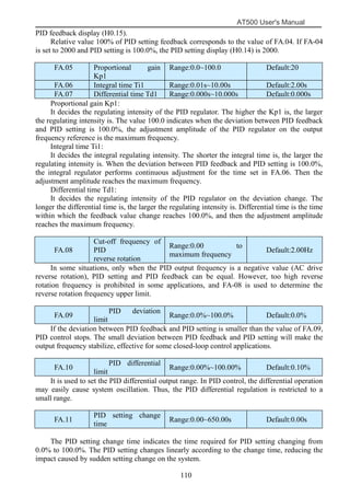 AT500 User's Manual
110
PID feedback display (H0.15).
Relative value 100% of PID setting feedback corresponds to the value of FA.04. If FA-04
is set to 2000 and PID setting is 100.0%, the PID setting display (H0.14) is 2000.
Proportional gain Kp1:
It decides the regulating intensity of the PID regulator. The higher the Kp1 is, the larger
the regulating intensity is. The value 100.0 indicates when the deviation between PID feedback
and PID setting is 100.0%, the adjustment amplitude of the PID regulator on the output
frequency reference is the maximum frequency.
Integral time Ti1:
It decides the integral regulating intensity. The shorter the integral time is, the larger the
regulating intensity is. When the deviation between PID feedback and PID setting is 100.0%,
the integral regulator performs continuous adjustment for the time set in FA.06. Then the
adjustment amplitude reaches the maximum frequency.
Differential time Td1:
It decides the regulating intensity of the PID regulator on the deviation change. The
longer the differential time is, the larger the regulating intensity is. Differential time is the time
within which the feedback value change reaches 100.0%, and then the adjustment amplitude
reaches the maximum frequency.
In some situations, only when the PID output frequency is a negative value (AC drive
reverse rotation), PID setting and PID feedback can be equal. However, too high reverse
rotation frequency is prohibited in some applications, and FA-08 is used to determine the
reverse rotation frequency upper limit.
If the deviation between PID feedback and PID setting is smaller than the value of FA.09,
PID control stops. The small deviation between PID feedback and PID setting will make the
output frequency stabilize, effective for some closed-loop control applications.
It is used to set the PID differential output range. In PID control, the differential operation
may easily cause system oscillation. Thus, the PID differential regulation is restricted to a
small range.
The PID setting change time indicates the time required for PID setting changing from
0.0% to 100.0%. The PID setting changes linearly according to the change time, reducing the
impact caused by sudden setting change on the system.
FA.05 Proportional gain
Kp1
Range:0.0~100.0 Default:20
FA.06 Integral time Ti1 Range:0.01s~10.00s Default:2.00s
FA.07 Differential time Td1 Range:0.000s~10.000s Default:0.000s
FA.08
Cut-off frequency of
PID
reverse rotation
Range:0.00 to
maximum frequency
Default:2.00Hz
FA.09
PID deviation
limit
Range:0.0%~100.0% Default:0.0%
FA.10
PID differential
limit
Range:0.00%~100.00% Default:0.10%
FA.11
PID setting change
time
Range:0.00~650.00s Default:0.00s
 