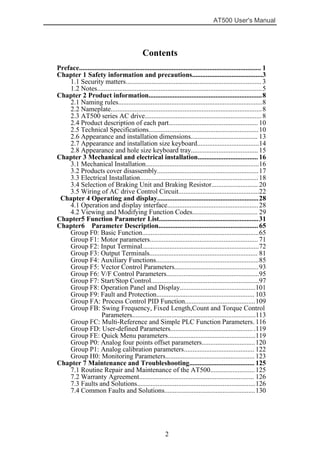 AT500 User's Manual
2
Contents
Preface.......................................................................................................... 1
Chapter 1 Safety information and precautions.........................................3
1.1 Security matters............................................................................... 3
1.2 Notes................................................................................................5
Chapter 2 Product information..................................................................8
2.1 Naming rules....................................................................................8
2.2 Nameplate........................................................................................8
2.3 AT500 series AC drive....................................................................8
2.4 Product description of each part.................................................... 10
2.5 Technical Specifications................................................................10
2.6 Appearance and installation dimensions....................................... 13
2.7 Appearance and installation size keyboard....................................14
2.8 Appearance and hole size keyboard tray....................................... 15
Chapter 3 Mechanical and electrical installation................................... 16
3.1 Mechanical Installation..................................................................16
3.2 Products cover disassembly...........................................................17
3.3 Electrical Installation.....................................................................18
3.4 Selection of Braking Unit and Braking Resistor........................... 20
3.5 Wiring of AC drive Control Circuit...............................................22
Chapter 4 Operating and display...........................................................28
4.1 Operation and display interface.....................................................28
4.2 Viewing and Modifying Function Codes...................................... 29
Chapter5 Function Parameter List..........................................................31
Chapter6 Parameter Description.......................................................... 65
Group F0: Basic Function....................................................................65
Group F1: Motor parameters............................................................... 71
Group F2: Input Terminal....................................................................72
Group F3: Output Terminals............................................................... 81
Group F4: Auxiliary Functions............................................................85
Group F5: Vector Control Parameters.................................................93
Group F6: V/F Control Parameters......................................................95
Group F7: Start/Stop Control...............................................................97
Group F8: Operation Panel and Display............................................101
Group F9: Fault and Protection......................................................... 103
Group FA: Process Control PID Function.........................................109
Group FB: Swing Frequency, Fixed Length,Count and Torque Control
Parameters........................................................................113
Group FC: Multi-Reference and Simple PLC Function Parameters. 116
Group FD: User-defined Parameters................................................ .119
Group FE: Quick Menu parameters...................................................119
Group P0: Analog four points offset parameters...............................120
Group P1: Analog calibration parameters......................................... 122
Group H0: Monitoring Parameters....................................................123
Chapter 7 Maintenance and Troubleshooting...................................... 125
7.1 Routine Repair and Maintenance of the AT500..........................125
7.2 Warranty Agreement................................................................... 126
7.3 Faults and Solutions.....................................................................126
7.4 Common Faults and Solutions.....................................................130
 