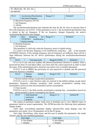 AT500 User's Manual
70
IS effectively, the last two
are ignored.
F0.21 Acceleration/Deceleration
time base frequency
Range:0~2 Default:0
0: Maximum frequency (F0.10)
1: Set frequency
2: 100 Hz
The acceleration/deceleration time indicates the time for the AC drive to increase from 0
Hz to the frequency set in F0.21. If this parameter is set to 1, the acceleration/deceleration time
is related to the set frequency. If the set frequency changes frequently, the motor's
acceleration/deceleration also changes.
F0.22 Base frequency for
UP/DOWN modification
during running
Range:0~1 Default:0
0: Running frequency
1: Set frequency
This parameter is valid only when the frequency source is digital setting.
It is used to set the base frequency to be modified by using keys and or the terminal
UP/DOWN function. If the running frequency and set frequency are different, there will be a
large difference between the AC drive's performance during the acceleration/deceleration
process.
F0.23 User password Range:0~65536 Default:0
If it is set to any non-zero number, the password protection function is enabled. After a
password has been set and taken effect, you must enter the correct password in order to enter
the menu. If the entered password is incorrect you cannot view or modify parameters.
If F0.23 is set to 00000, the previously set user password is cleared, and the password
protection function is disabled.
F0.24 Restore default
settings
Range:0~501 Default:0
1: Restore default settings except motor parameters
If F0.24 is set to 1, most function codes are restored to the default settings except motor
parameters, frequency reference resolution, fault records, accumulative running time,
accumulative power-on time and accumulative power consumption .
2: Clear records
If F0.24 is set to 2, the fault records, accumulative running time , accumulative power-on
time and accumulative power consumption are cleared.
F0.25 Individualized
parameter display
property
Range:0~11 Default:00
The setting of parameter display mode aims to facilitate you to view different types of
parameters based on actual requirements. The AT500 provides the following three parameter
display modes.
Unit's digit: User-defined parameter display selection.This mode displays only the
parameters user needs. Up to 30 parameters set by the FE group.
Ten's digit: Non-factory value menu, and the user to modify the parameters, this mode
displays only the user modified parameters.
Ten's digit Unit's digit
0: Not display
1: Display
0: Not display
1: Display
 