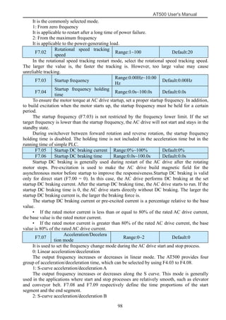 AT500 User's Manual
98
It is the commonly selected mode.
1: From zero frequency
It is applicable to restart after a long time of power failure.
2: From the maximum frequency
It is applicable to the power-generating load.
F7.02
Rotational speed tracking
speed
Range:1~100 Default:20
In the rotational speed tracking restart mode, select the rotational speed tracking speed.
The larger the value is, the faster the tracking is. However, too large value may cause
unreliable tracking.
F7.03 Startup frequency
Range:0.00Hz~10.00
Hz
Default:0.00Hz
F7.04
Startup frequency holding
time
Range:0.0s~100.0s Default:0.0s
To ensure the motor torque at AC drive startup, set a proper startup frequency. In addition,
to build excitation when the motor starts up, the startup frequency must be held for a certain
period.
The startup frequency (F7.03) is not restricted by the frequency lower limit. If the set
target frequency is lower than the startup frequency, the AC drive will not start and stays in the
standby state.
During switchover between forward rotation and reverse rotation, the startup frequency
holding time is disabled. The holding time is not included in the acceleration time but in the
running time of simple PLC.
F7.05 Startup DC braking current Range:0%~100% Default:0%
F7.06 Startup DC braking time Range:0.0s~100.0s Default:0.0s
Startup DC braking is generally used during restart of the AC drive after the rotating
motor stops. Pre-excitation is used to make the AC drive build magnetic field for the
asynchronous motor before startup to improve the responsiveness.Startup DC braking is valid
only for direct start (F7.00 = 0). In this case, the AC drive performs DC braking at the set
startup DC braking current. After the startup DC braking time, the AC drive starts to run. If the
startup DC braking time is 0, the AC drive starts directly without DC braking. The larger the
startup DC braking current is, the larger the braking force is.
The startup DC braking current or pre-excited current is a percentage relative to the base
value.
• If the rated motor current is less than or equal to 80% of the rated AC drive current,
the base value is the rated motor current.
• If the rated motor current is greater than 80% of the rated AC drive current, the base
value is 80% of the rated AC drive current.
F7.07
Acceleration/Decelera
tion mode
Range:0~2 Default:0
It is used to set the frequency change mode during the AC drive start and stop process.
0: Linear acceleration/deceleration
The output frequency increases or decreases in linear mode. The AT500 provides four
group of acceleration/deceleration time, which can be selected by using F4.03 to F4.08.
1: S-curve acceleration/deceleration A
The output frequency increases or decreases along the S curve. This mode is generally
used in the applications where start and stop processes are relatively smooth, such as elevator
and conveyor belt. F7.08 and F7.09 respectively define the time proportions of the start
segment and the end segment.
2: S-curve acceleration/deceleration B
 