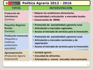 13
Producción de
Subsistencia
(Familias)
• Mejorar las condiciones alimentarias.
• Asociatividad y articulación a mercados locales.
• Conservación de RRNN.
Pequeños Negocios
Rurales
(Familias)
• Promoción de asociatividad y gerencia rural.
• Articulación a mercados regionales.
• Acceso al mercado de servicios para la innovación.
Producción Comercial
(Pequeños y
medianos
productores
asociados)
• Promoción de asociatividad y gerencia rural.
• Articulación a mercados nacionales y de
exportación.
• Acceso al mercado de servicios para la innovación.
Agroexportación
(Producción Agraria
Empresarial)
• Sanidad agraria .
• Inocuidad de alimentos.
• Articulación a nuevos mercados internacionales.
TIPOS INTERVENCIÓN
Política Agraria 2012 - 2016
 