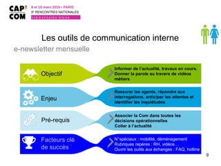 Les outils de communication interne
e-newsletter mensuelle
9
Objectif
Enjeu
Facteurs clé
de succès
Informer de l’actualité, travaux en cours.
Donner la parole au travers de vidéos
métiers
Rassurer les agents, répondre aux
interrogations, anticiper les attentes et
identifier les inquiétudes
N°spéciaux : mobilité, déménagement
Rubriques repères : RH, vidéos…
Ouvrir les outils aux échanges : FAQ, hotline
Pré-requis
Associer la Com dans toutes les
décisions opérationnelles
Coller à l’actualité
9 et 10 mars 2016 • PARIS
9E
RENCONTRES NATIONALES
c o m m u n i c a t i o n i n t e r n e
 