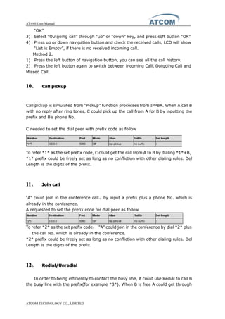 AT-640 User Manual
ATCOM TECHNOLOGY CO., LIMITED
“OK”
3) Select “Outgoing call” through “up” or “down” key, and press soft button “OK”
4) Press up or down navigation button and check the received calls, LCD will show
“List is Empty”, if there is no received incoming call.
Method 2,
1) Press the left button of navigation button, you can see all the call history.
2) Press the left button again to switch between incoming Call, Outgoing Call and
Missed Call.
10101010、 CallCallCallCall pickuppickuppickuppickup
Call pickup is simulated from “Pickup” function processes from IPPBX. When A call B
with no reply after ring tones, C could pick up the call from A for B by inputting the
prefix and B’s phone No.
C needed to set the dial peer with prefix code as follow
To refer *1* as the set prefix code, C could get the call from A to B by dialing *1*+B,
*1* prefix could be freely set as long as no confliction with other dialing rules. Del
Length is the digits of the prefix.
11111111、 JoinJoinJoinJoin callcallcallcall
“A” could join in the conference call，by input a prefix plus a phone No. which is
already in the conference.
A requested to set the prefix code for dial peer as follow
To refer *2* as the set prefix code， “A” could join in the conference by dial *2* plus
the call No. which is already in the conference.
*2* prefix could be freely set as long as no confliction with other dialing rules. Del
Length is the digits of the prefix.
12121212、 Redial/UnredialRedial/UnredialRedial/UnredialRedial/Unredial
In order to being efficiently to contact the busy line, A could use Redial to call B
the busy line with the prefix(for example *3*). When B is free A could get through
 