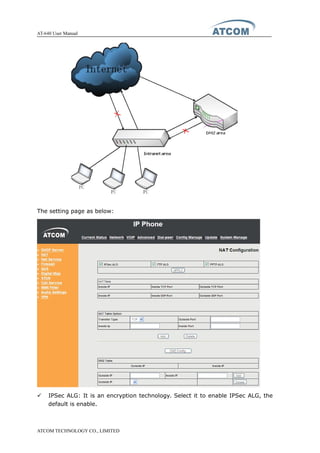 AT-640 User Manual
ATCOM TECHNOLOGY CO., LIMITED
The setting page as below:
� IPSec ALG: It is an encryption technology. Select it to enable IPSec ALG, the
default is enable.
 