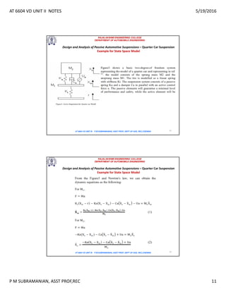 AT 6604 VD UNIT II NOTES 5/19/2016
P M SUBRAMANIAN, ASST PROF,REC 11
RAJALAKSHMI ENGINEERING COLLEGE
DEPARTMENT OF AUTOMOBILE ENGINEERING
AT 6604 VD UNIT III - P.M SUBRAMANIAN, ASST PROF, DEPT OF AUE, REC,CHENNAI 21
Design and Analysis of Passive Automotive Suspensions – Quarter Car Suspension
Example for State Space Model
RAJALAKSHMI ENGINEERING COLLEGE
DEPARTMENT OF AUTOMOBILE ENGINEERING
AT 6604 VD UNIT III - P.M SUBRAMANIAN, ASST PROF, DEPT OF AUE, REC,CHENNAI 22
Design and Analysis of Passive Automotive Suspensions – Quarter Car Suspension
Example for State Space Model
 