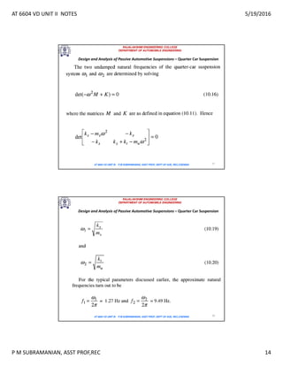 AT 6604 VD UNIT II NOTES 5/19/2016
P M SUBRAMANIAN, ASST PROF,REC 14
RAJALAKSHMI ENGINEERING COLLEGE
DEPARTMENT OF AUTOMOBILE ENGINEERING
AT 6604 VD UNIT III - P.M SUBRAMANIAN, ASST PROF, DEPT OF AUE, REC,CHENNAI 27
Design and Analysis of Passive Automotive Suspensions – Quarter Car Suspension
RAJALAKSHMI ENGINEERING COLLEGE
DEPARTMENT OF AUTOMOBILE ENGINEERING
AT 6604 VD UNIT III - P.M SUBRAMANIAN, ASST PROF, DEPT OF AUE, REC,CHENNAI 28
Design and Analysis of Passive Automotive Suspensions – Quarter Car Suspension
 