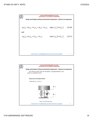 AT 6604 VD UNIT II NOTES 5/19/2016
P M SUBRAMANIAN, ASST PROF,REC 16
RAJALAKSHMI ENGINEERING COLLEGE
DEPARTMENT OF AUTOMOBILE ENGINEERING
AT 6604 VD UNIT III - P.M SUBRAMANIAN, ASST PROF, DEPT OF AUE, REC,CHENNAI 31
Design and Analysis of Passive Automotive Suspensions – Quarter Car Suspension
RAJALAKSHMI ENGINEERING COLLEGE
DEPARTMENT OF AUTOMOBILE ENGINEERING
AT 6604 VD UNIT III - P.M SUBRAMANIAN, ASST PROF, DEPT OF AUE, REC,CHENNAI 32
Design and Analysis of Passive Automotive Suspensions – Quarter Car Suspension
 
